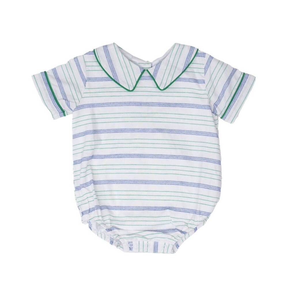 NEW THE OAKS APPAREL boy's baylor stripe bubble romper in green/blue
